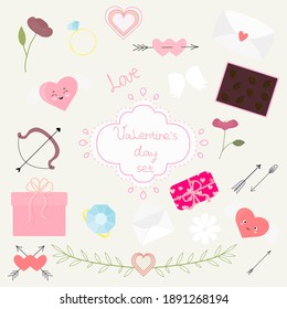 Vector Valentine's day set, design elements arrows, hearts, flowers, rings and present. For invitations, Valentine or wedding greeting cards, template for poster, banner, decoration design, print.