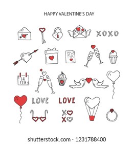 Vector Valentine's Day set of line art icons. Hand drawn love symbols.