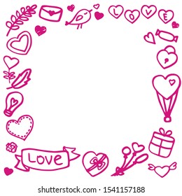 Vector Valentine's Day set of line art icons. Hand drawn love symbols. Frame with copy space