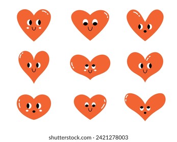 Vektor Valentinstag Satz lächelnden roten Herzen mit Gesichtern. Liebeskonzept. Sammlung lustiger Herzfiguren. Valentinstag-Feier.