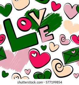 Vector Valentines day sketch on a white background. Abstract doodle heart, love letter and love text seamless pattern in magenta, green and pink colors.