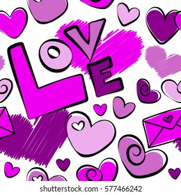 Vector Valentines day sketch on a white background. Abstract doodle heart, love letter and love text seamless pattern in violet, purple and pink colors.