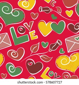 Vector Valentines day sketch on a red background. Abstract doodle hearts, rose flower, love letter and love text seamless pattern.