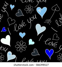 Vector Valentines day sketch on a black background. Abstract doodle heart, chamomile flower and I love you text seamless pattern in blue colors.