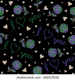 Vector Valentines day sketch on a black background. Abstract doodle heart, love letter, rose flower and love text seamless pattern in beige, violet and green colors.