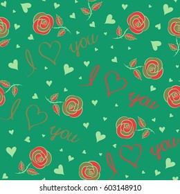 Vector Valentines day sketch on a green background. Abstract doodle hearts, rose flower, and love text seamless pattern.