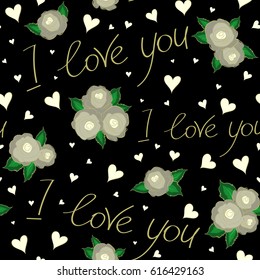 Vector Valentines day sketch on a black background. Abstract doodle heart, love letter, rose flower and love text seamless pattern in neutral colors.