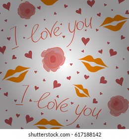 Vector Valentines day sketch on a white background. Abstract doodle heart, rose flower and love text seamless pattern in pink and orange colors.