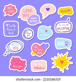 Vector Valentine's day speech bubbles and frames with cute text about love and hearts stickers. Pastel color hand drawn illustration