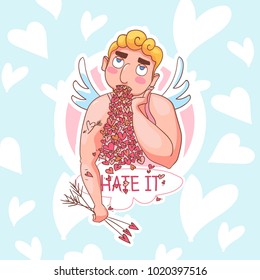 Vector Valentines day sticker. Cartoon Cupid angel character for Valentines day design, banners, site, card, calendar, stickers, print, greeting card, flyers.