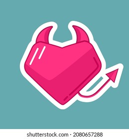 vector valentine's day sticker, pink devil shaped heart, pike tail, cute devil