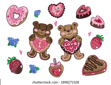 
Pasteles vectoriales del día de San Valentín, osos de jengibre, caramelos, fresas y arándanos
