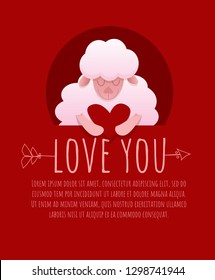 Vector for Valentine's day. Symbol of love on red backround. Cute romantic lamb with heart. Typography design for print greeting card, postcard, posters, banner, invitation. Can be add text. Love you 