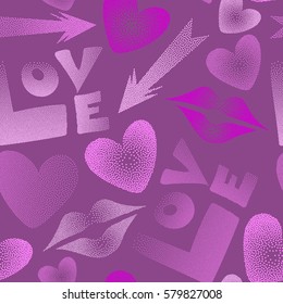 Vector Valentine's day symbols in violet and pink colors. Seamless pattern with arrow, hearts, kissing lips, love text in dots.