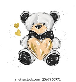 Vector Valentine's Day teddy bear in a black and gold color. Teddy bear holding heart. Modern fashion style illustration 