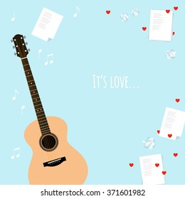 Vector Valentine's day template cards with serenade. Flat style frame with guitar, music, lyrics, a crumpled piece of paper and hearts. Writing songs about love illustration. Banner. Web, design, ads.