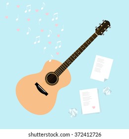 Vector Valentine's day template cards with serenade. Flat style illustration with guitar, music, lyrics, a crumpled piece of paper and hearts. Writing songs about love composition. Web, design, ads.