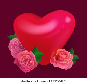 Vector valentines day template for greeting card or web banner with 3d heart and pink roses with leaves