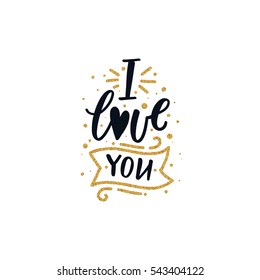 Vector Valentines Day text with glitter elements. Shine hand drawn letters, Black and gold. I love you. Romantic quote for design greeting cards, tattoo, holiday invitations