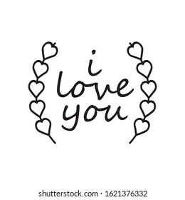 Vector Valentines Day text with heart elements. Calligraphy letters, black color. I love you. Romantic quote for design greeting cards, tattoo, holiday invitations isolated on white background EPS Vec