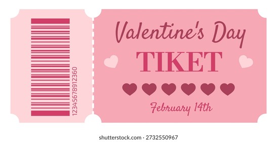 Un boleto de Vector para San Valentín en suaves tonos rosados, adornado con íconos de corazón minimalistas y un diseño de código de barras.