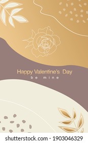 Vector valentine's day  trendy card, story or poster, abstract  shapes and line in gold colour. Contemporary art . Postcard  with inscriptions about love - Happy Valentine’s Day, be mine 