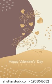 Vector valentine's day  trendy card, story or poster, abstract  shapes and line in gold colour. Contemporary art . Postcard  with inscriptions about love - Happy Valentine’s Day, be mine 