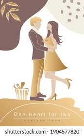 La carta de moda del día de Vector valentine, historia o afiche, formas abstractas del hombre y la mujer. Arte contemporáneo, pareja abstracta enamorada. Postal con inscripciones - un corazón para dos, un amor interminable 