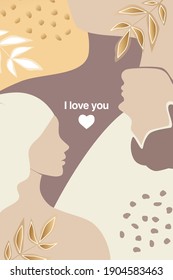 Vectorvalentiner Tag trendige Karte, Geschichte oder Poster, abstrakte Menschen-und weibliche Formen und Silhouette in goldener Farbe. Zeitgenössische Kunst. Abstraktes Paar in Liebe. Postkarte mit Inschriften - ich liebe Sie