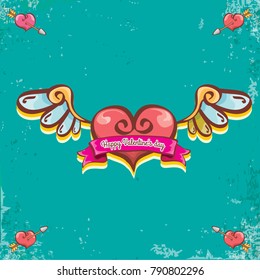 vector valentines day vintage cartoon tattoo style red heart label with angel wings and cartoon vintage pink ribbon on turquoise grunge background. Valentines day greeting card or poster