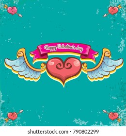 vector valentines day vintage cartoon tattoo style red heart label with angel wings and cartoon vintage pink ribbon on turquoise grunge background. Valentines day greeting card or poster