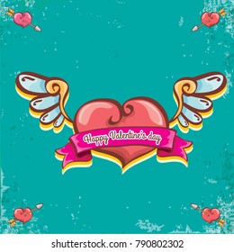 vector valentines day vintage cartoon tattoo style red heart label with angel wings and cartoon vintage pink ribbon on turquoise grunge background. Valentines day greeting card or poster