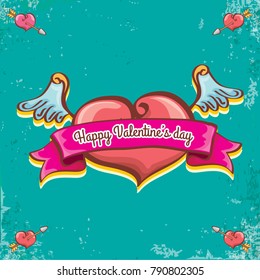vector valentines day vintage cartoon tattoo style red heart label with angel wings and cartoon vintage pink ribbon on turquoise grunge background. Valentines day greeting card or poster