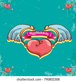 vector valentines day vintage cartoon tattoo style red heart label with angel wings and cartoon vintage pink ribbon on turquoise grunge background. Valentines day greeting card or poster