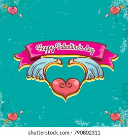 vector valentines day vintage cartoon tattoo style red heart label with angel wings and cartoon vintage pink ribbon on turquoise grunge background. Valentines day greeting card or poster