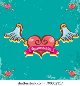 vector valentines day vintage cartoon tattoo style red heart label with angel wings and cartoon vintage pink ribbon on turquoise grunge background. Valentines day greeting card or poster