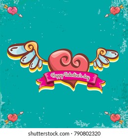 vector valentines day vintage cartoon tattoo style red heart label with angel wings and cartoon vintage pink ribbon on turquoise grunge background. Valentines day greeting card or poster