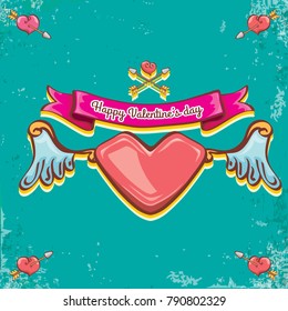 vector valentines day vintage cartoon tattoo style red heart label with angel wings and cartoon vintage pink ribbon on turquoise grunge background. Valentines day greeting card or poster