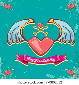 vector valentines day vintage cartoon tattoo style red heart label with angel wings and cartoon vintage pink ribbon on turquoise grunge background. Valentines day greeting card or poster