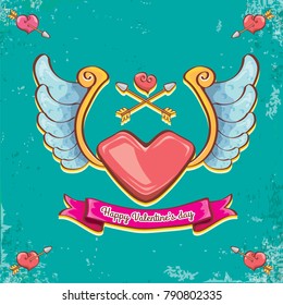vector valentines day vintage cartoon tattoo style red heart label with angel wings and cartoon vintage pink ribbon on turquoise grunge background. Valentines day greeting card or poster