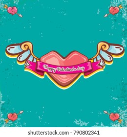 vector valentines day vintage cartoon tattoo style red heart label with angel wings and cartoon vintage pink ribbon on turquoise grunge background. Valentines day greeting card or poster