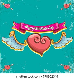 vector valentines day vintage cartoon tattoo style red heart label with angel wings and cartoon vintage pink ribbon on turquoise grunge background. Valentines day greeting card or poster