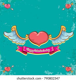 vector valentines day vintage cartoon tattoo style red heart label with angel wings and cartoon vintage pink ribbon on turquoise grunge background. Valentines day greeting card or poster