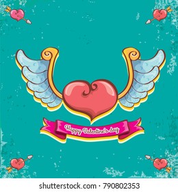 vector valentines day vintage cartoon tattoo style red heart label with angel wings and cartoon vintage pink ribbon on turquoise grunge background. Valentines day greeting card or poster