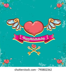 vector valentines day vintage cartoon tattoo style red heart label with angel wings and cartoon vintage pink ribbon on turquoise grunge background. Valentines day greeting card or poster