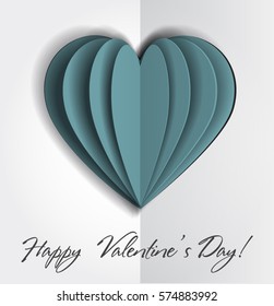 Vector valentine's day.Blue Realistic 3d paper heart. Concept of love, origami. Hand-made art and DIY style. Creative idea for celebrating. Template for banner, poster, flyer, web-design, invitation
