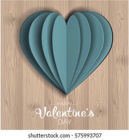 Vector valentine's day.Blue Realistic 3d paper heart. Concept of love, origami. Hand-made art and craft style. Creative background. Template for banner, poster, flyer, web-design, invitation