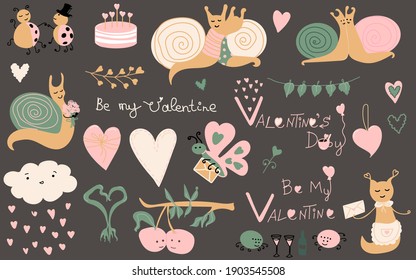 Vector Valentines elements. Couple of snails, ladybugs, spiders, cute cloud with pink hearts, cake, butterfly,  Cartoon illustration. Perfect for Valentine Day poster or banner, greeting card