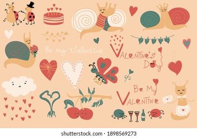 Vector Valentines elements. Cute cloud with red hearts, cake, butterfly, couple of snails, ladybugs, spiders. Cartoon illustration. Romantic holiday Valentine Day poster or greeting card, banner