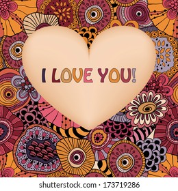 vector valentine's greeting card with heart and abstract seamless floral composition with doodle funky flowers, flowers can be used separately